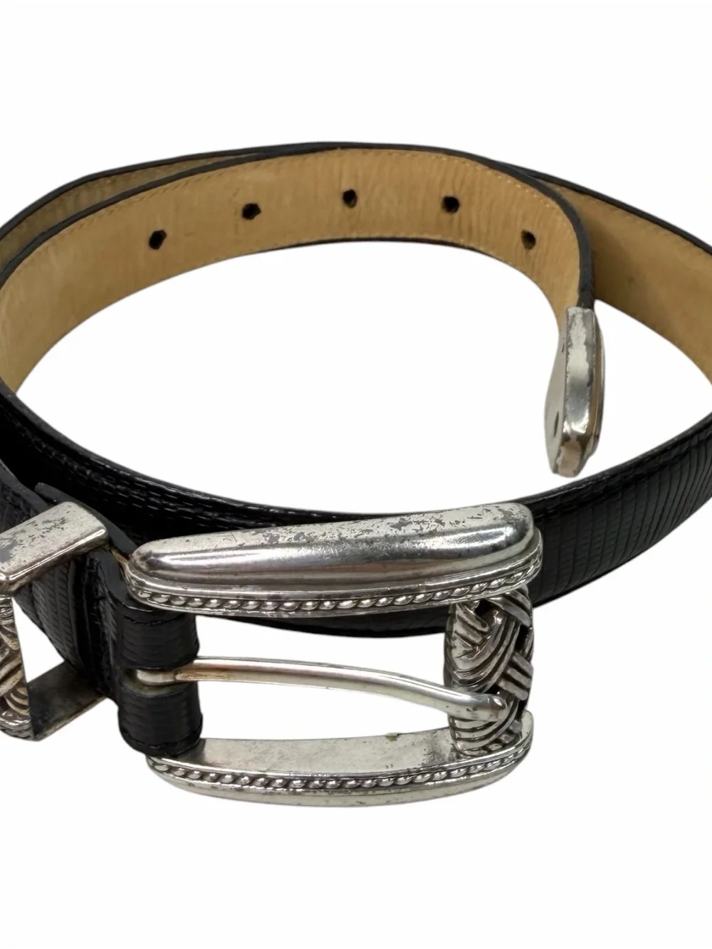 Brighton Black Snakeskin Embossed Leather Belt Basket Weave Silver Hardware 26